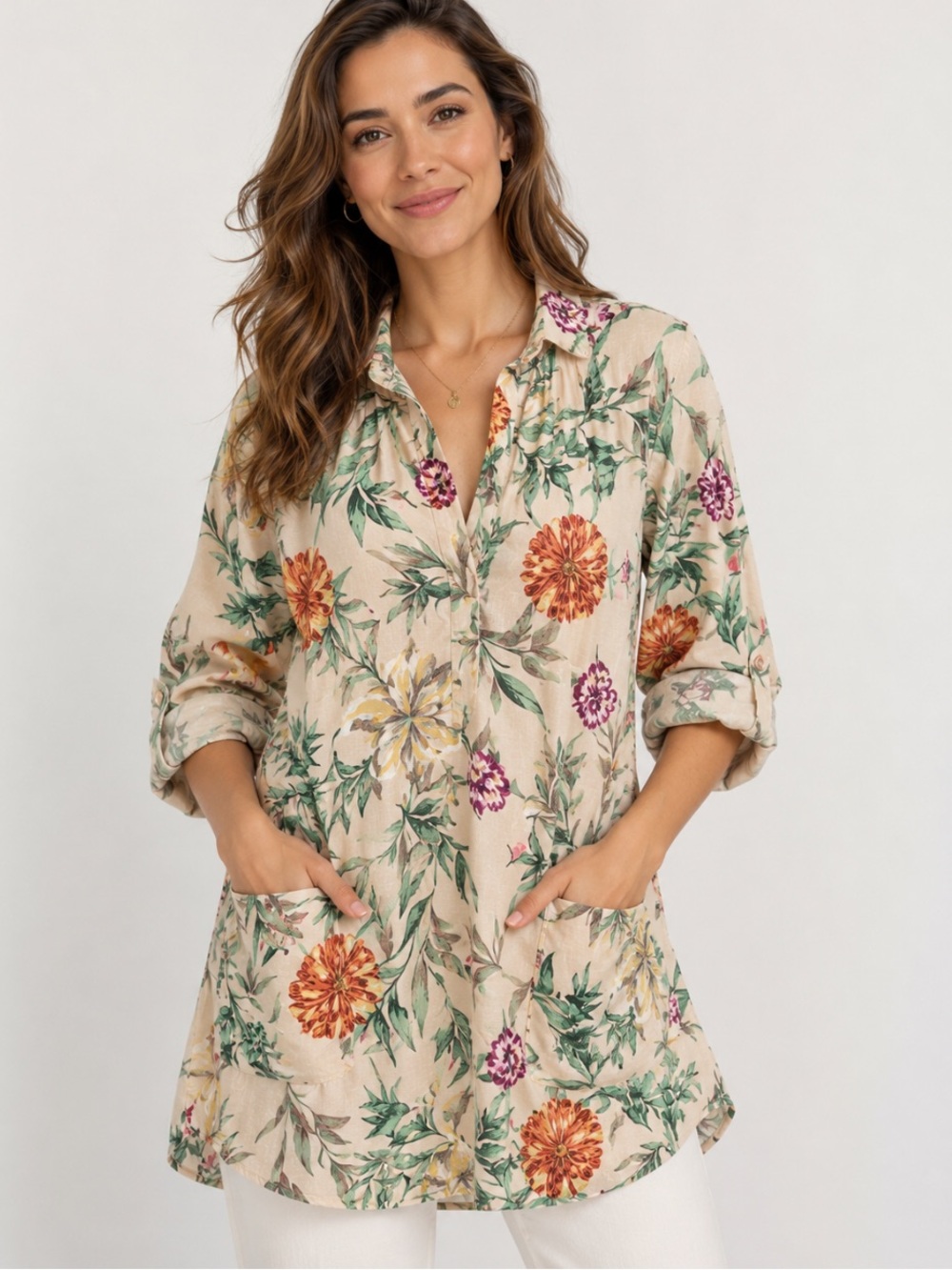For Cynthia Floral Linen Blend Tunic Top 1X Boho Pockets Roll Tab Sleeves